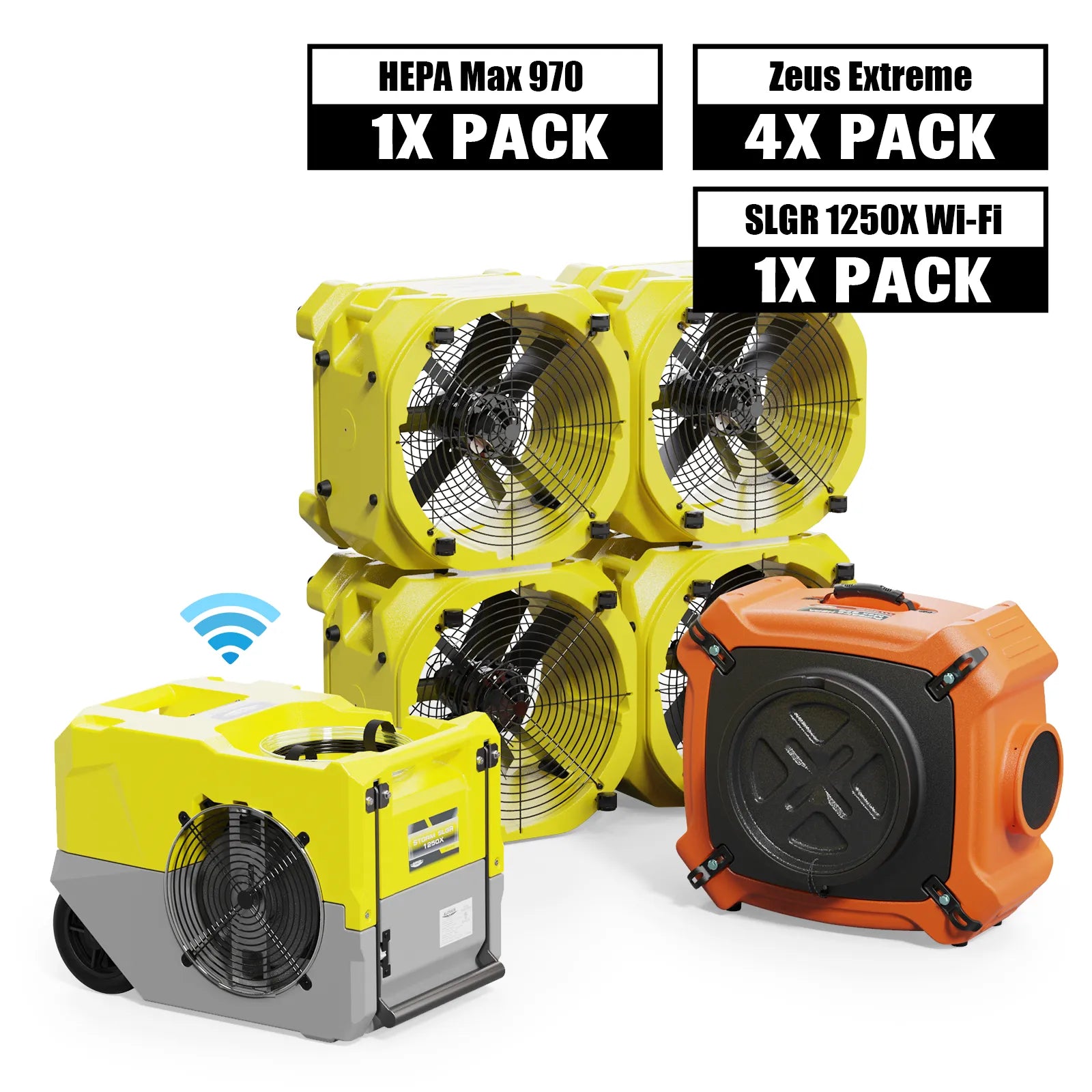 Alorair Mold Prevention Combo Pack, 1 X Storm SLGR 1250X Wi-Fi Commercial Dehumidifier, 4 X Zeus Extreme Air Mover, 1 X HEPA Max 970 Air Scrubber