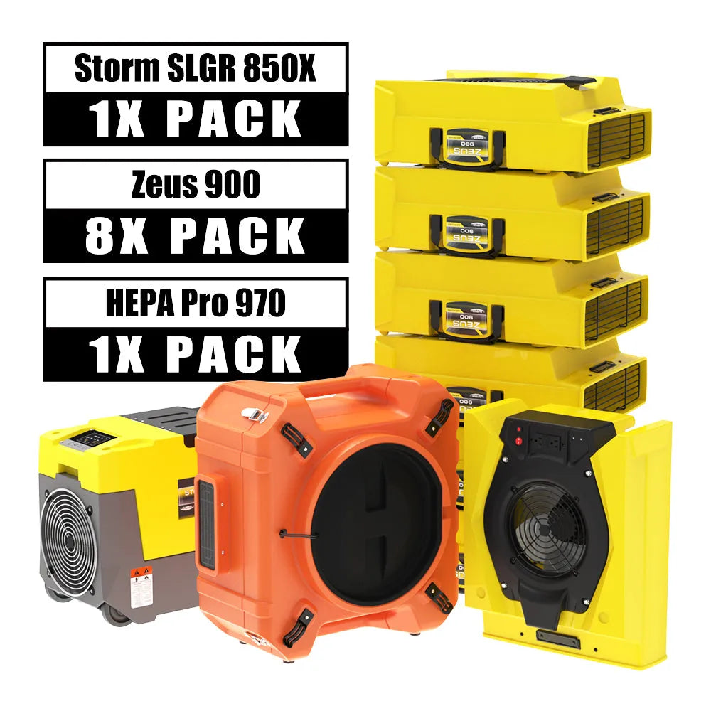 Alorair Water Damage Restoration Combo Pack, 1 X Storm SLGR 850X Commercial Dehumidifier, 8 X Zeus 900 Air Mover, 1 X HEPA Pro 970 Scrubber