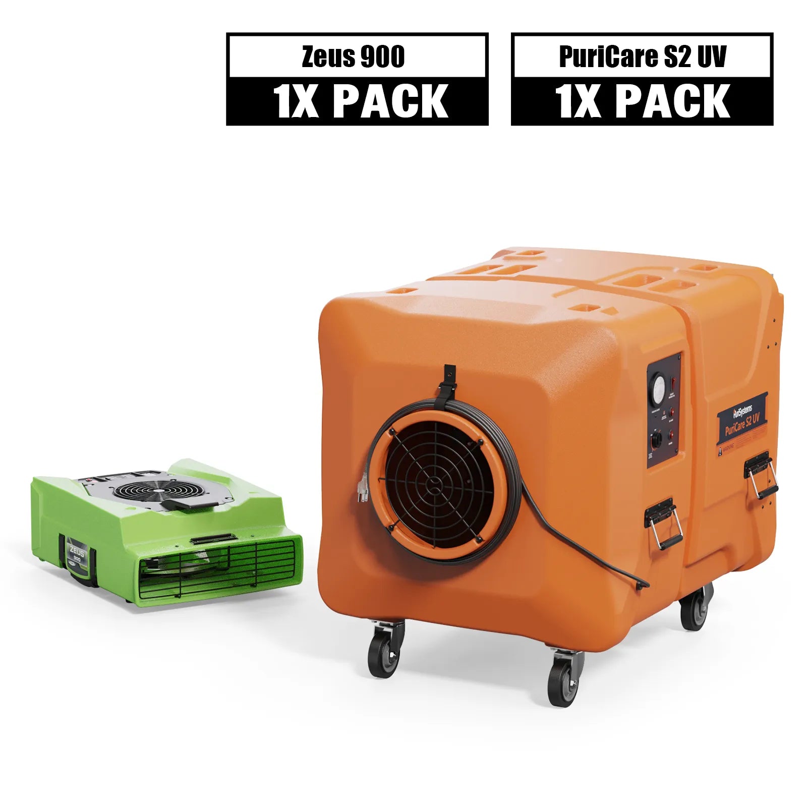 Alorair Sanitization & Disinfection Combo Pack, 1 X Zeus 900 Air Mover, 1 X PuriCare S2 UV Air Scrubber