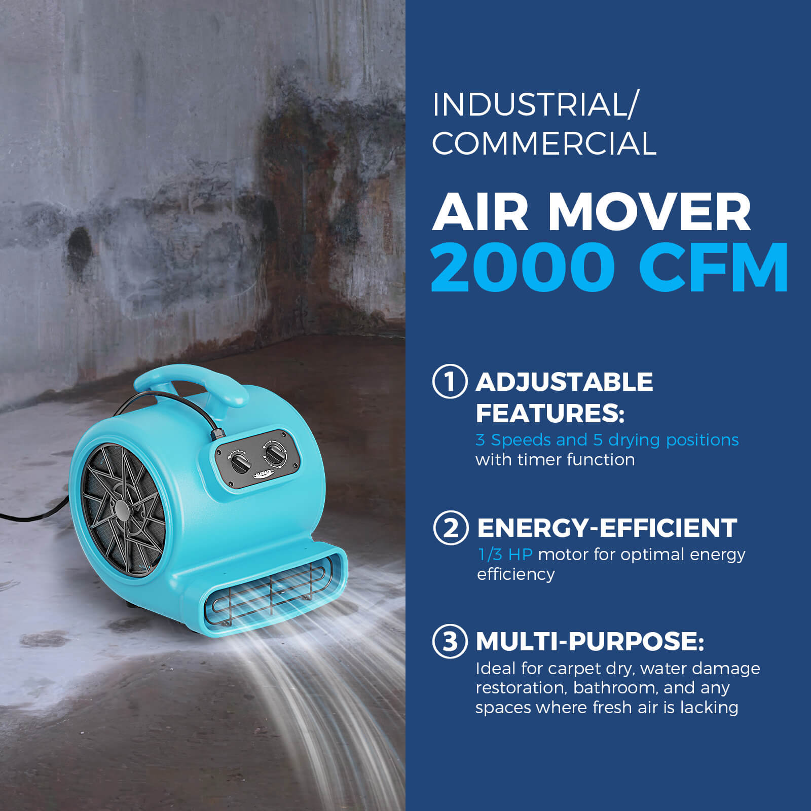 AlorAir® 2000 CFM Air Mover with Timer and MERV-1 Filter for Floor Drying Blower Fan | GE2000TF