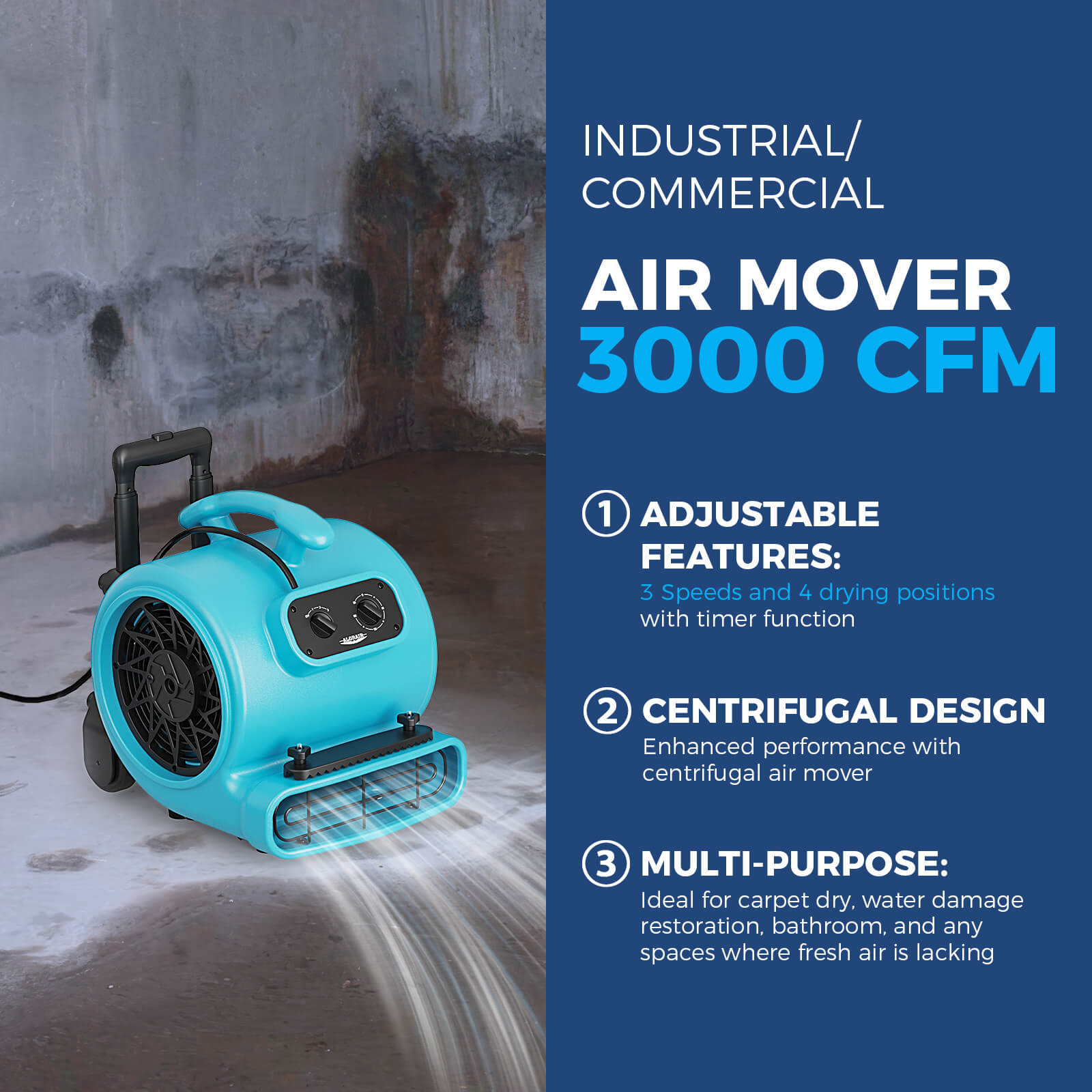 Alorair® 3000 CFM Air Mover with Timer, Handle Wheelkit and Carpet Buckles for Floor Drying Blower Fan | GE3000HTC