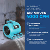 Alorair® 4000 CFM Air Mover with Timer, Handle Wheelkit and Carpet Buckles for Floor Drying Blower Fan | GE4000HCW