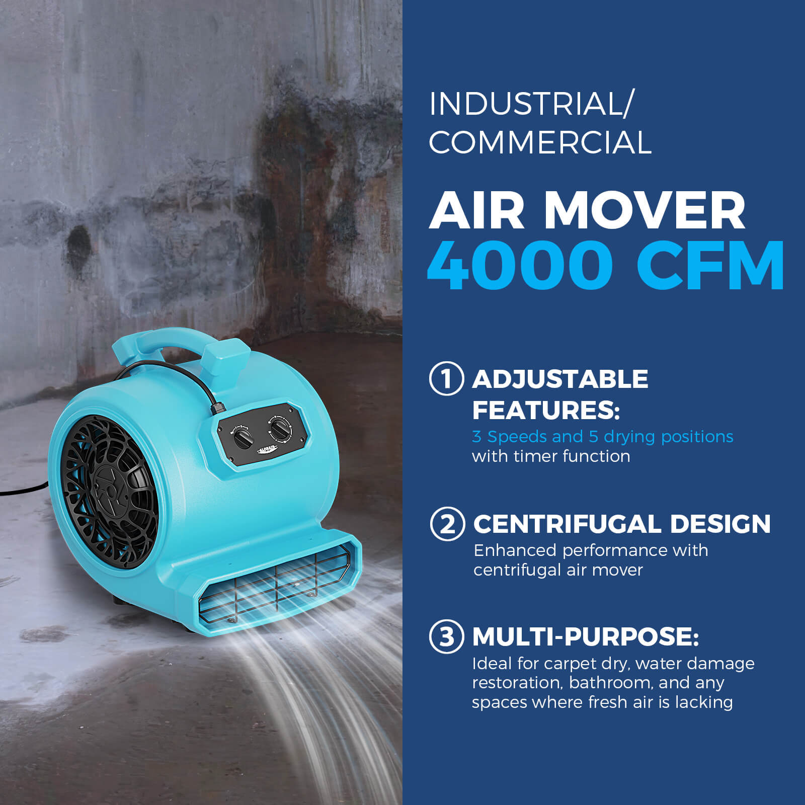 AlorAir® 4000 CFM Air Mover with Timer and  Daisy Chain for Floor Drying Blower Fan | GE4000T