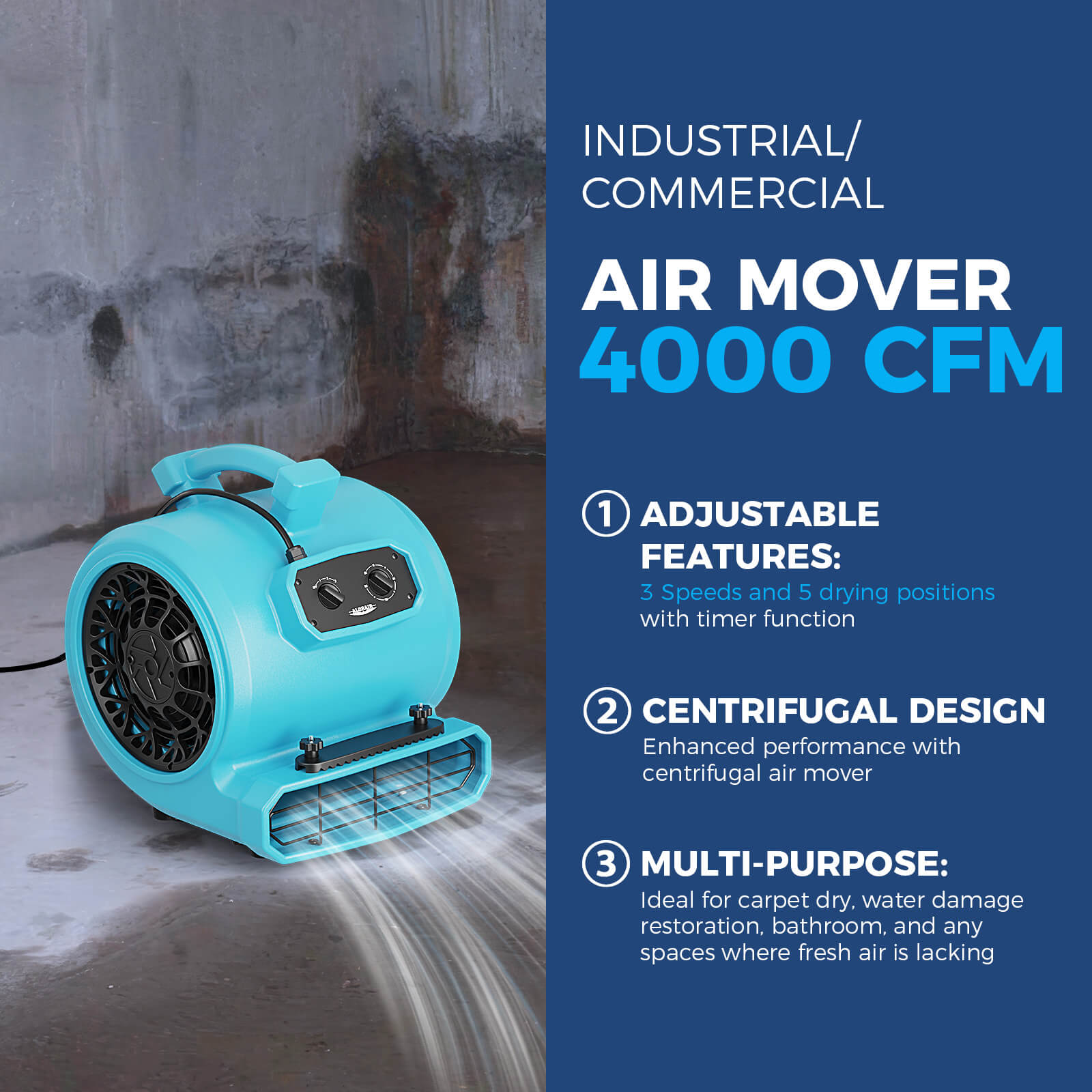 AlorAir® 4000 CFM Air Mover with Timer and Carpet Buckles for Floor Drying Blower Fan | GE4000TC