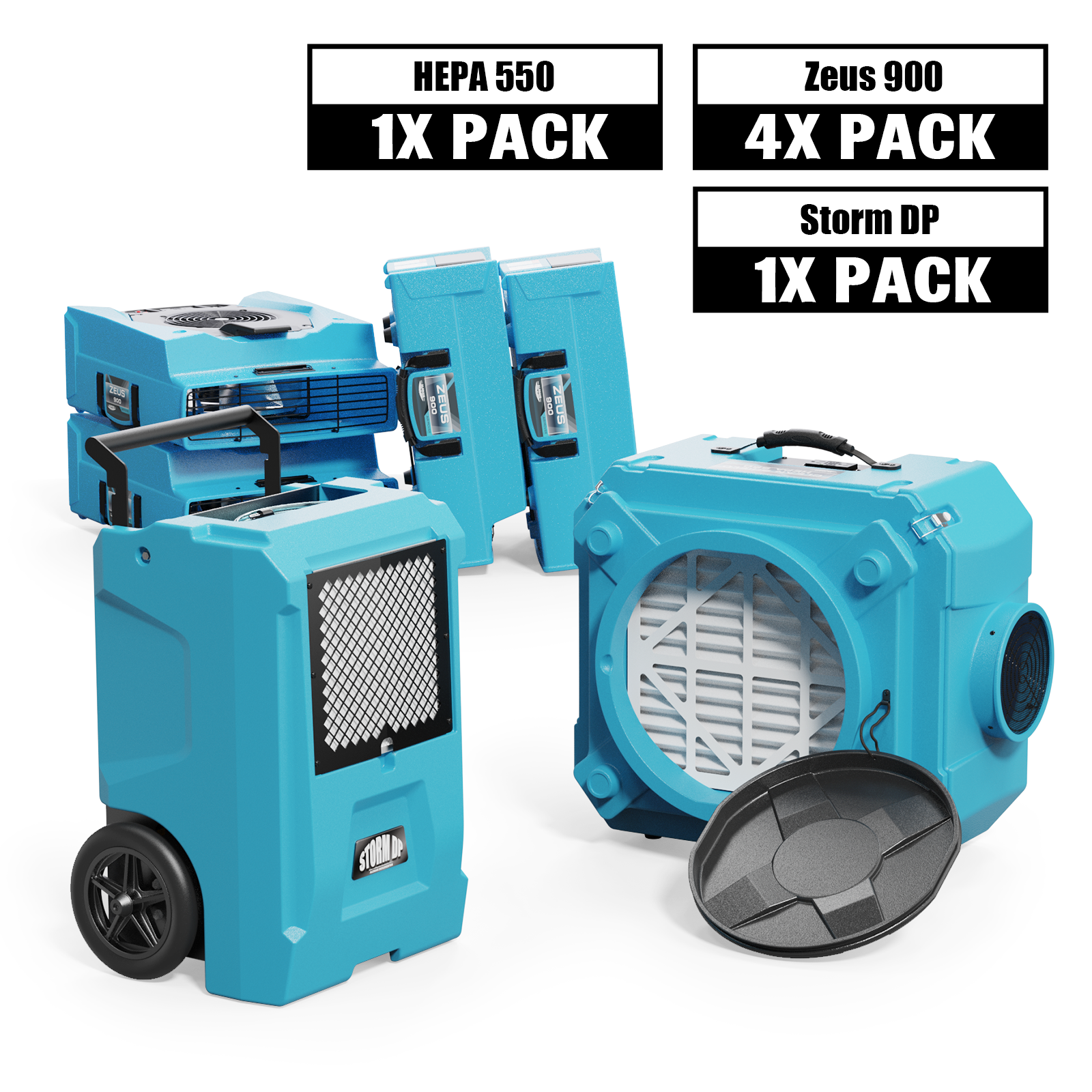 Alorair® Mold Prevention Combo Pack, 1 x Dehumidifier, 4 x Air Mover and 1 x Scrubber | Storm DP & Zeus 900 & CleanShield HEPA 550