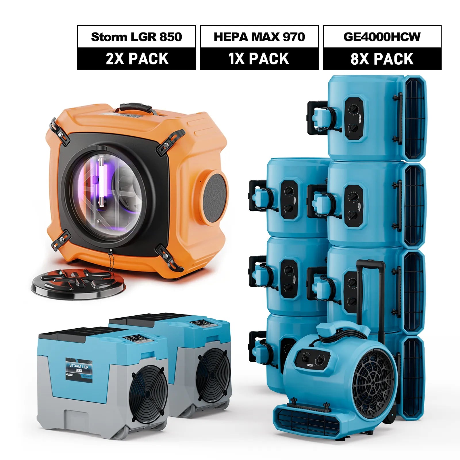 AlorAir Water Damage Restoration Combo Pack, 2 X Storm LGR 850 Dehumidifier, 8 X GE4000HCW Air Mover, 1 X HEPA MAX 970 Air Scrubber