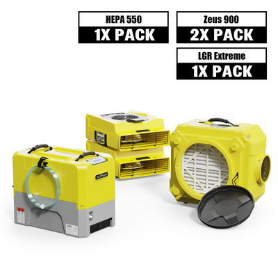 AlorAir Water Damage Restoration Combo Pack, 1 XStorm LGR Extreme Dehumidifier, 2 X Zeus 900 Air Mover, 1 X CleanShield HEPA 550 Air Scrubber