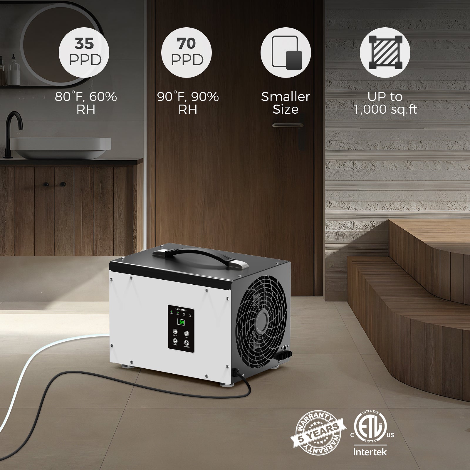 AlorAir WiFi 70 PPD Crawl Space Dehumidifier | Sentinel HD35P WIFI | Size for 1000 Sq Ft