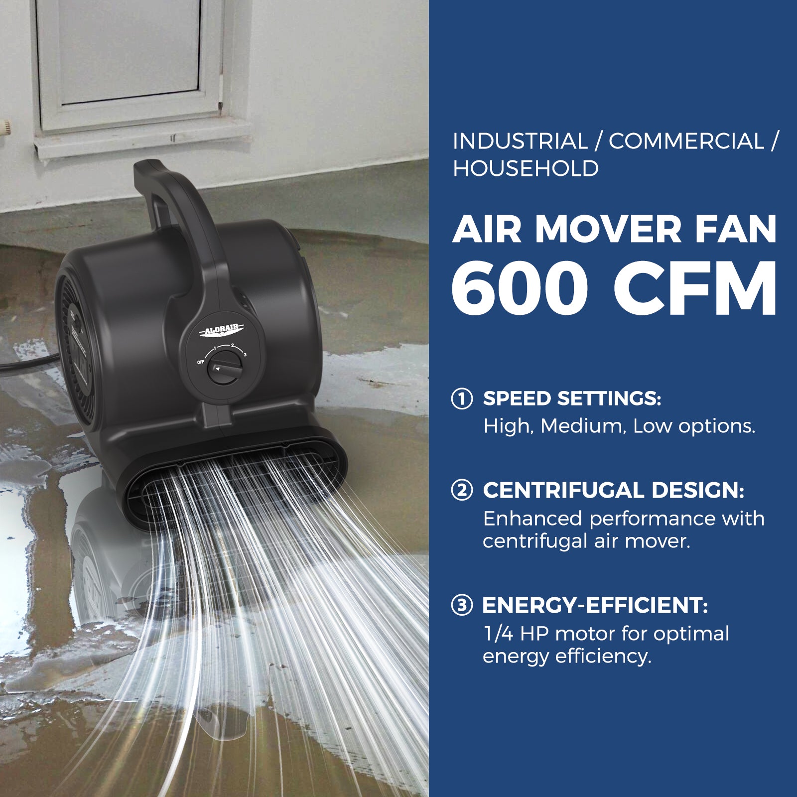 AlorAir 600 CFM Air Mover with 3 Speeds, 5 Angles and Daisy Chain for Floor Drying Blower Fan | GF600A Black