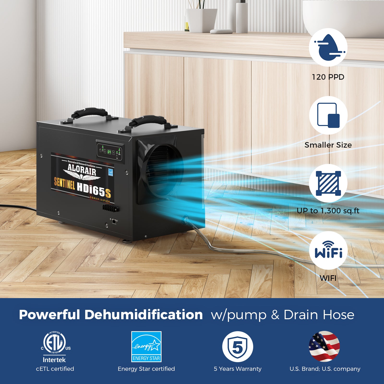 AlorAir 120 PPD Crawl Space Dehumidifiers with Pump | Sentinel HDi65S Black WIFI | Size for 1300 sq.ft