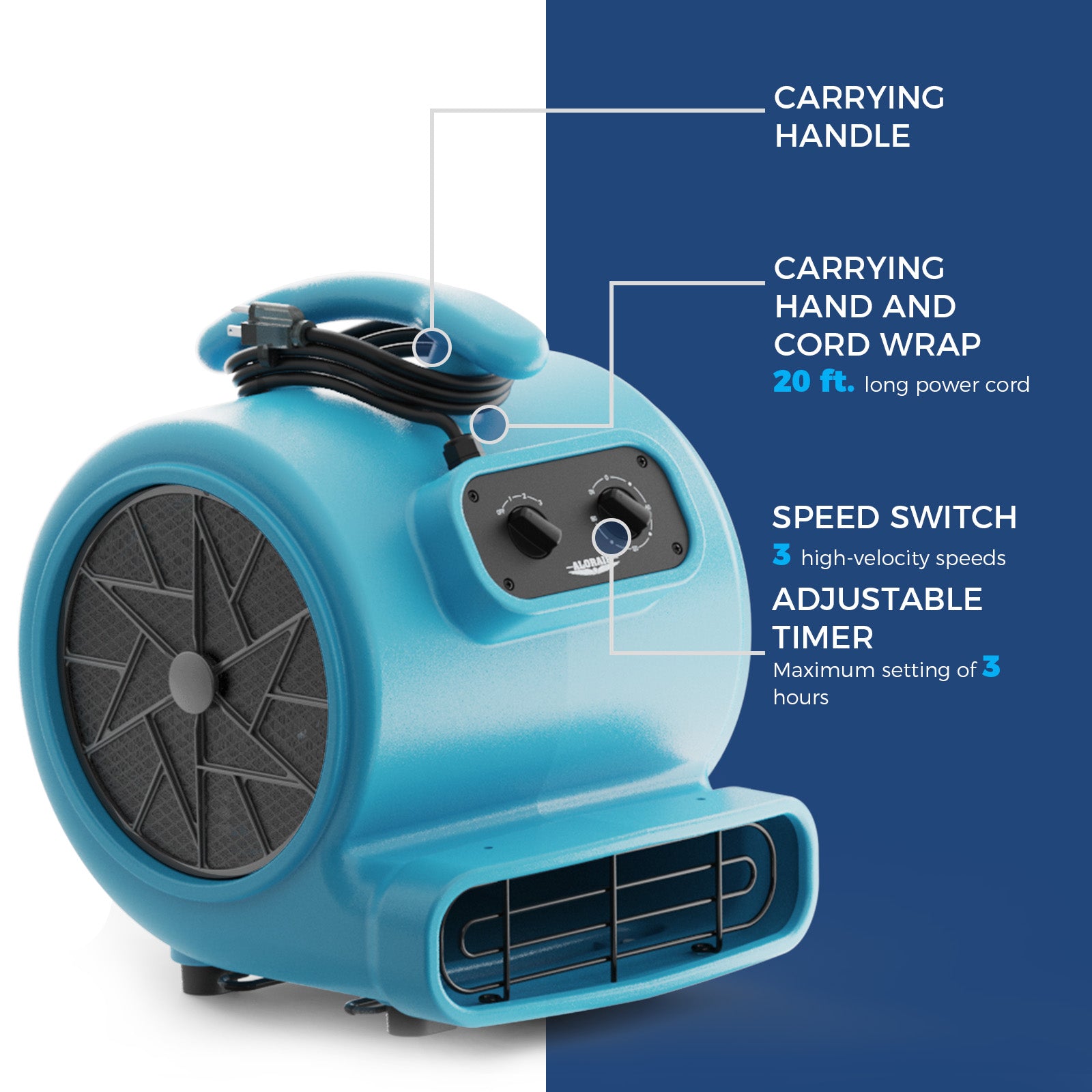 AlorAir® 3000 CFM Air Mover with Timer and MERV-1 Filter for Floor Drying Blower Fan | GE3000TF