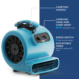 AlorAir® 3000 CFM Air Mover Fan with Timer and 5 Angles for Industrial Carpet Dryer, Water Damage Restoration | GE3000T