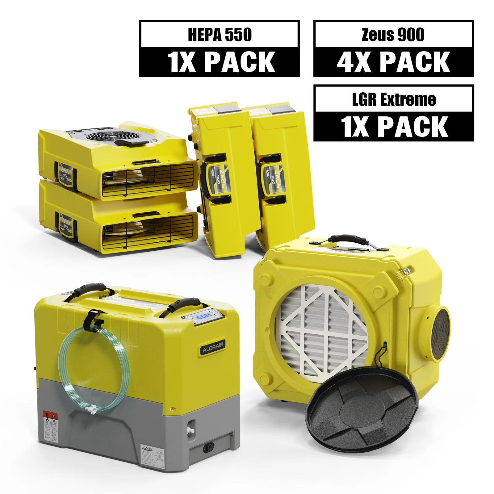 Alorair Mold Prevention Combo Pack, 1 X Storm LGR Extreme Commercial Dehumidifier, 4 X Zeus 900 Air Mover, 1 X CleanShield HEPA 550 Air Scrubber