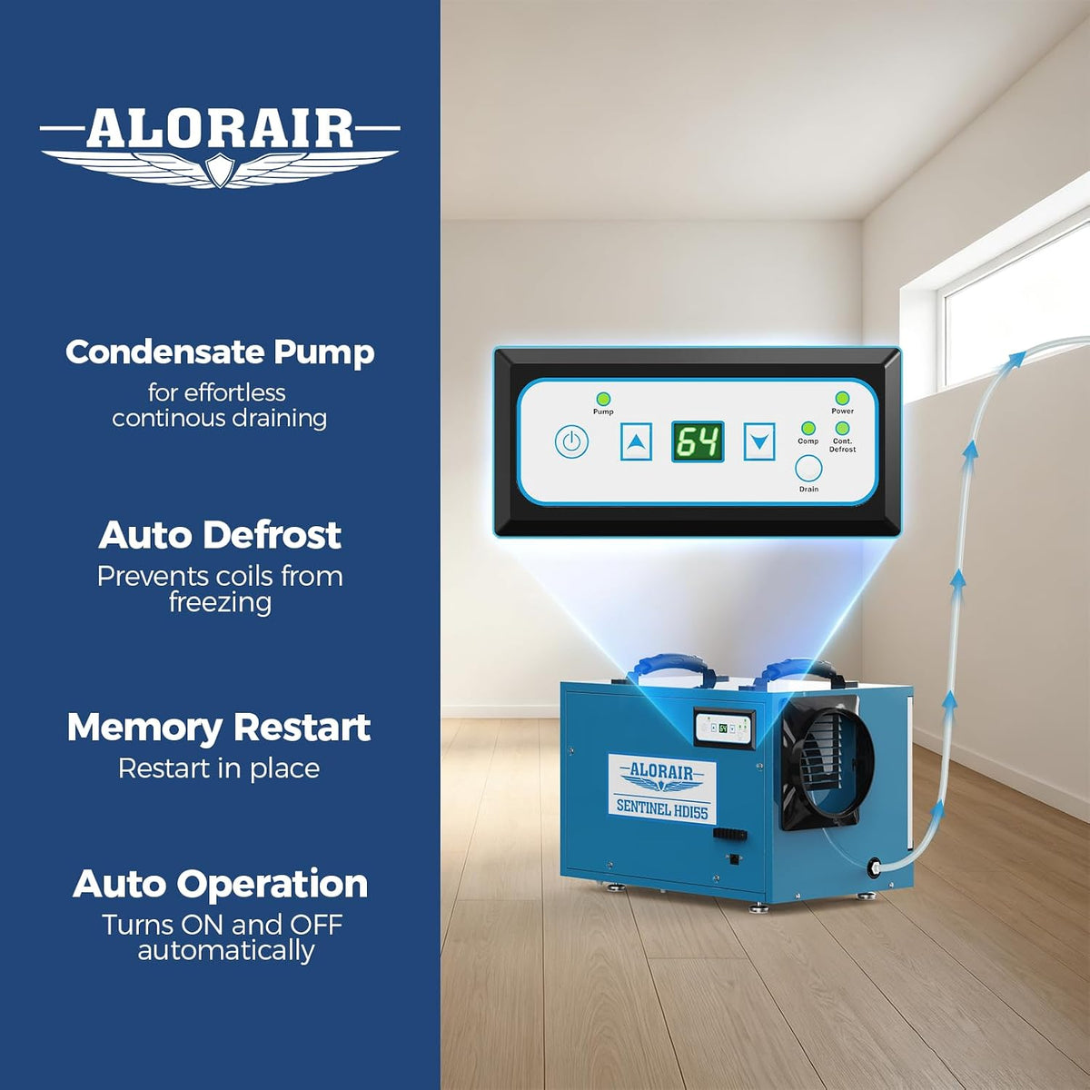 AlorAir 120 PPD Crawl Space Dehumidifiers with Pump, Auto Defrost, cETL | Sentinel HDi55 (Blue)