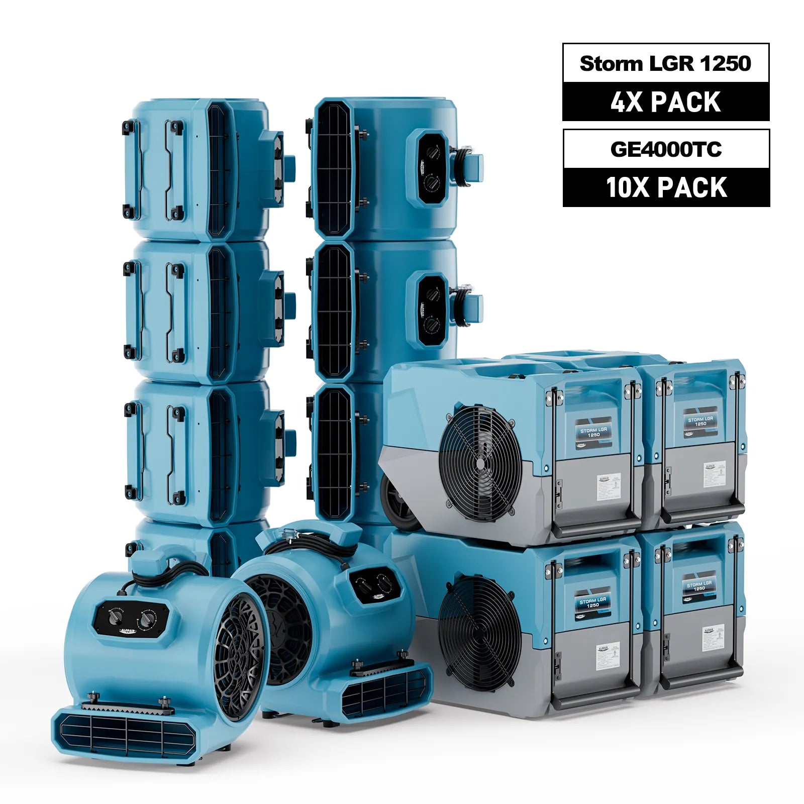 AlorAir Water Damage Restoration Combo Pack, 4 X Storm LGR 1250 Dehumidifier, 10 X GE4000TC Air Mover