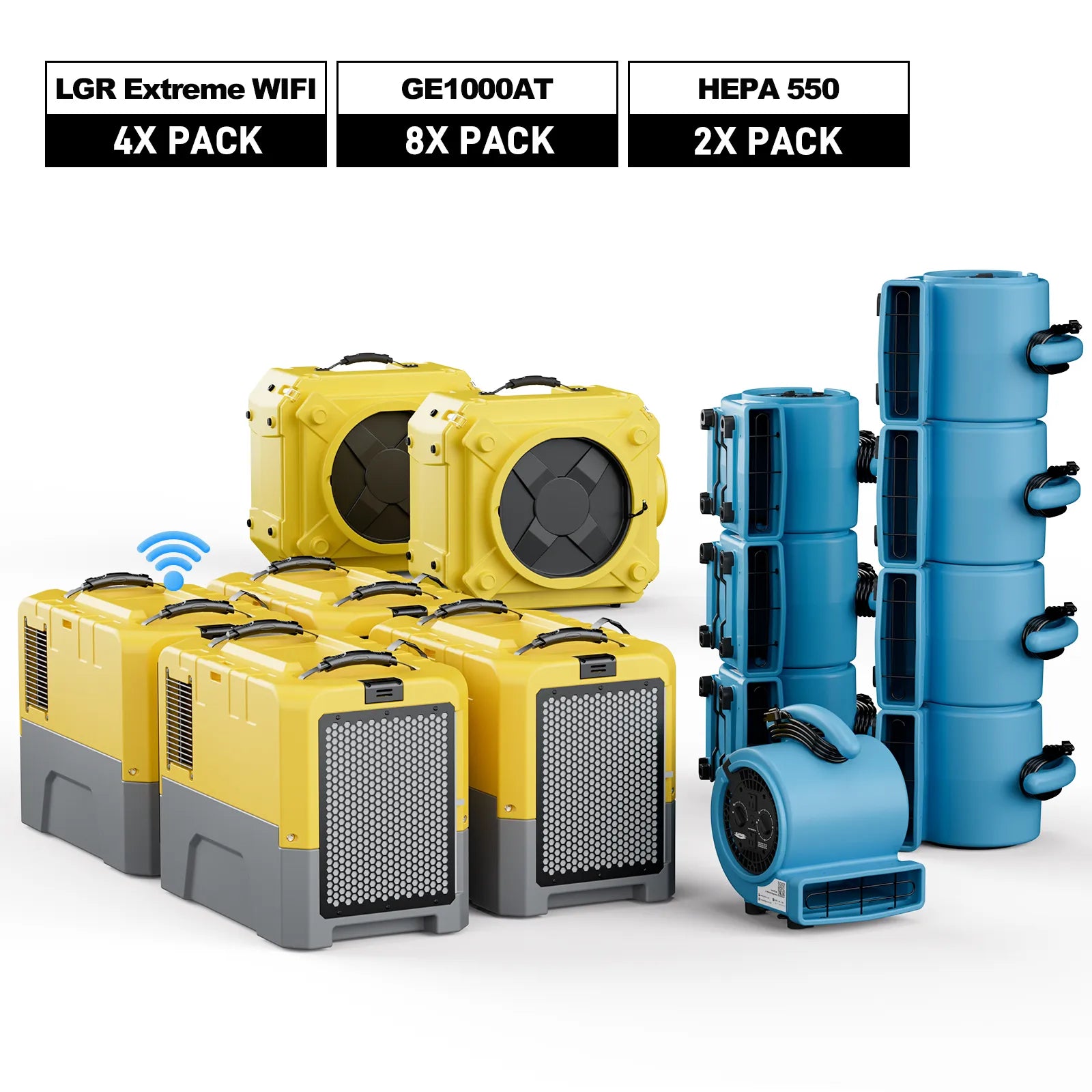 AlorAir Water Damage Restoration Combo Pack, 4 X Storm LGR Extreme WIFI Dehumidifier, 8 X GE1000A Air Mover, 2 X HEPA 550 Air Scrubber