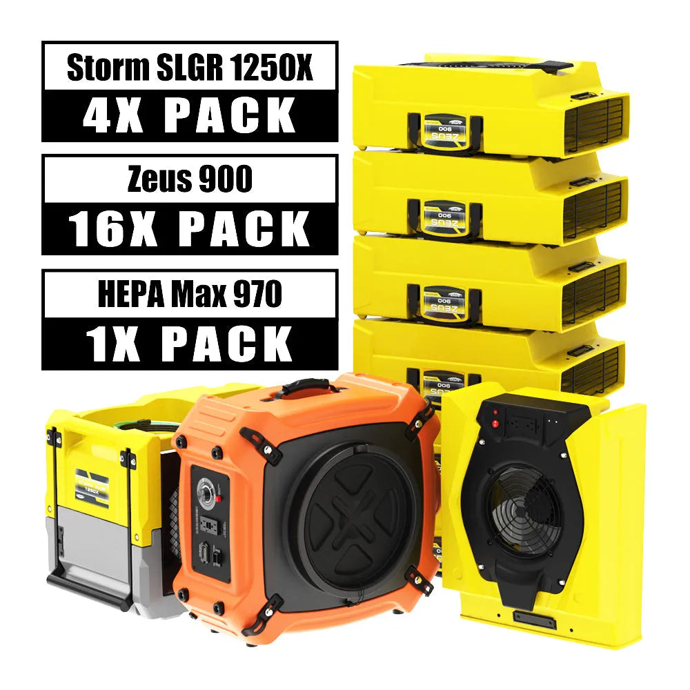 Alorair Water Damage Restoration Combo Pack, 4 X Storm SLGR 1250X WIFI Commercial Dehumidifier, 16 X Zeus 900 Air Mover, 1 X HEPA Max 970 Scrubber