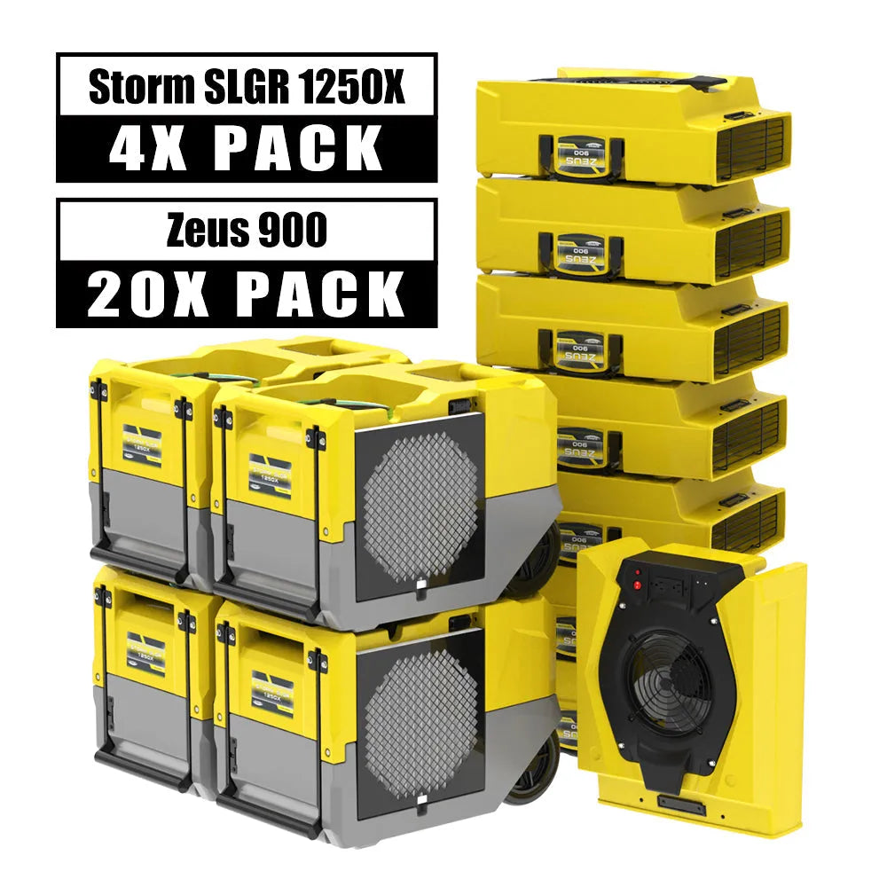 Alorair Water Damage Restoration Combo Pack, 4 X Storm SLGR 1250X Commercial Dehumidifier, 20 X Zeus Extreme Air Mover