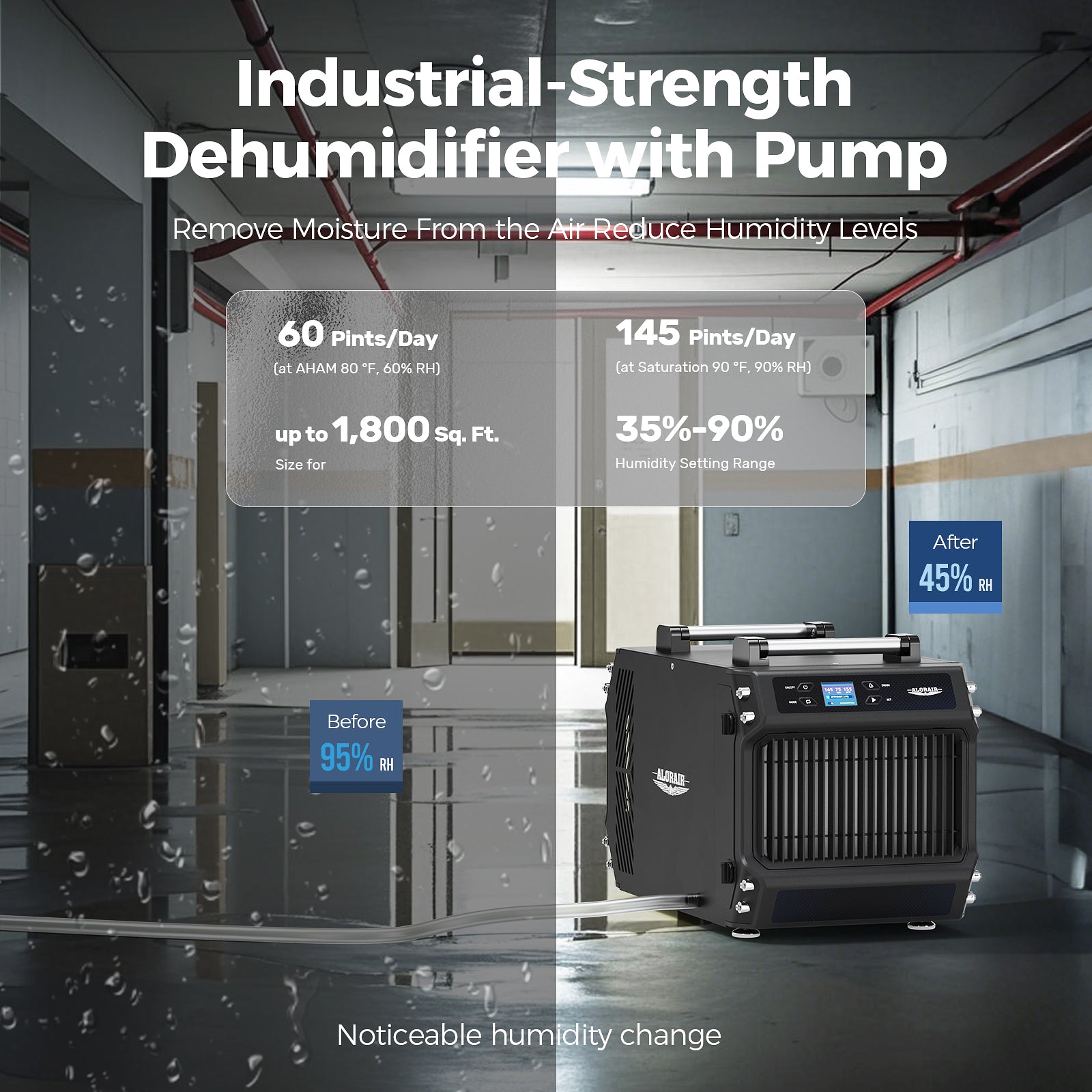 Alorair 145 PPD Crawl Spaces Dehumidifier with Pump and Drain Hose | Galaxy 60P