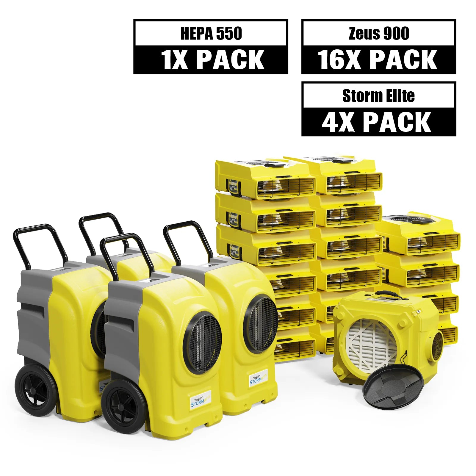 Alorair Water Damage Restoration Combo Pack, 4 X Storm Elite Commercial Dehumidifier, 16 X Zeus 900 Air Mover, 1 X CleanShield HEPA 550 Scrubber