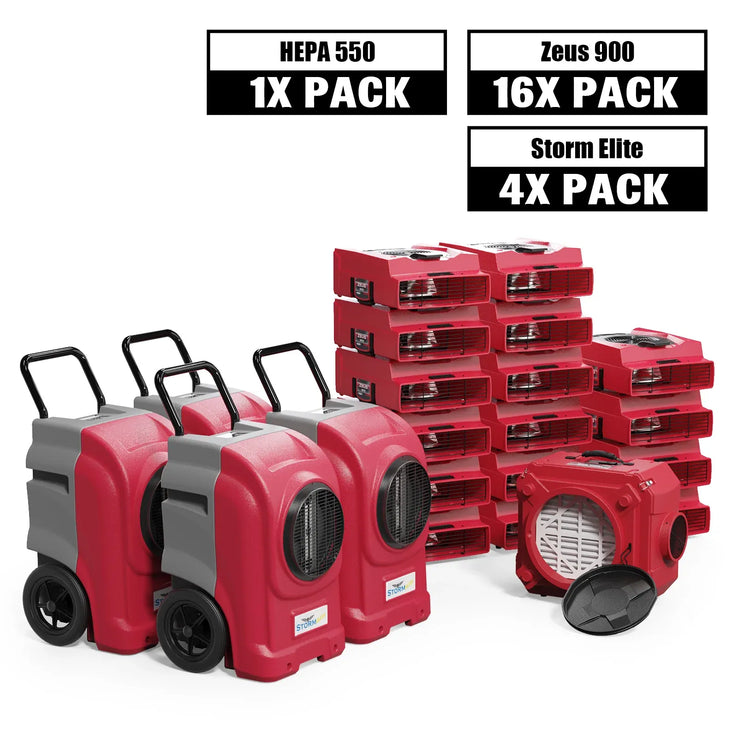 Alorair Water Damage Restoration Combo Pack, 4 X Storm Elite Commercial Dehumidifier, 16 X Zeus 900 Air Mover, 1 X CleanShield HEPA 550 Scrubber