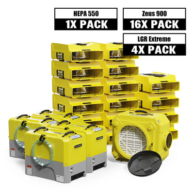 Alorair Water Damage Restoration Combo Pack, 4 X Storm LGR Extreme 85 Pint Commercial Dehumidifier, 16 X Zeus 900 Air Mover, 1 X CleanShield HEPA 550 Scrubber
