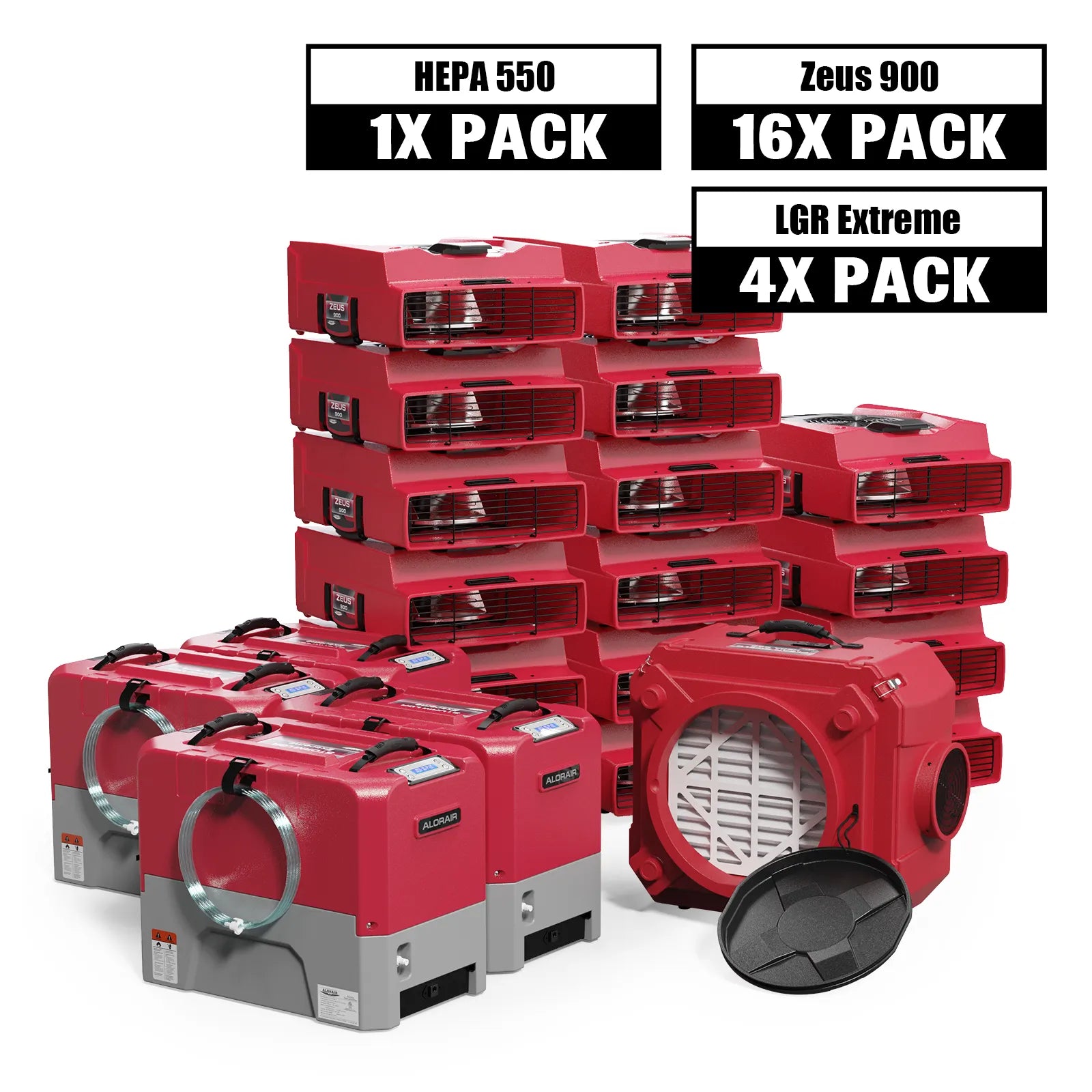 Alorair Water Damage Restoration Combo Pack, 4 X Storm LGR Extreme 85 Pint Commercial Dehumidifier, 16 X Zeus 900 Air Mover, 1 X CleanShield HEPA 550 Scrubber