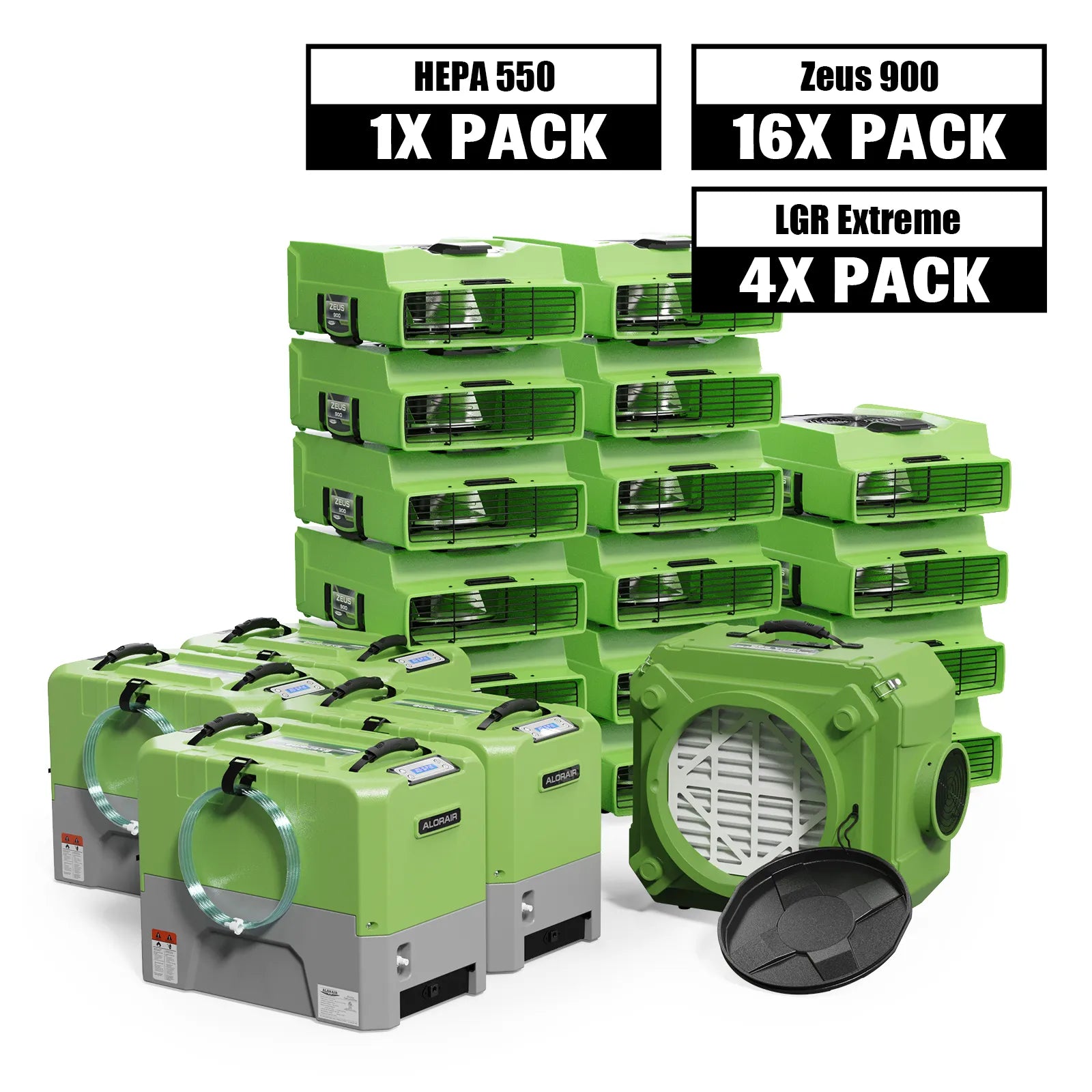 Alorair Water Damage Restoration Combo Pack, 4 X Storm LGR Extreme 85 Pint Commercial Dehumidifier, 16 X Zeus 900 Air Mover, 1 X CleanShield HEPA 550 Scrubber