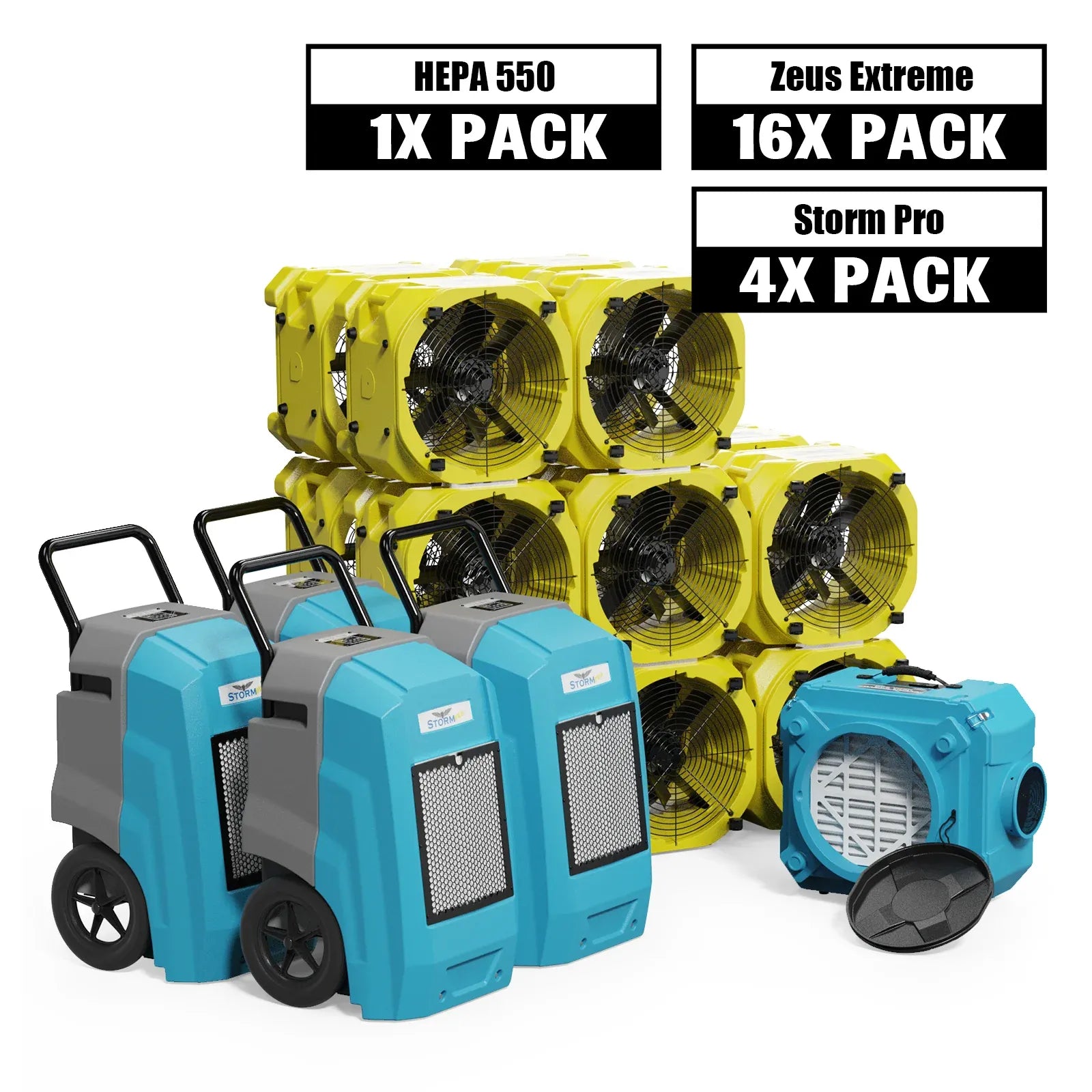 Alorair Water Damage Restoration Combo Pack, 4 X Storm Pro Commercial Dehumidifier, 16 X Zeus Extreme Air Mover, 1 X CleanShield HEPA 550 Scrubber