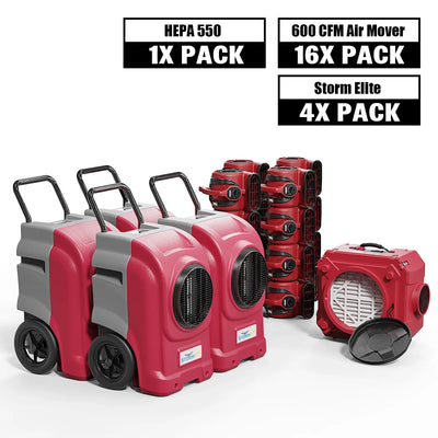 Alorair Water Damage Restoration Combo Pack, 4 X Storm Elite Commercial Dehumidifier, 16 X GF600A Air Mover, 1 X CleanShield HEPA 550 Scrubber
