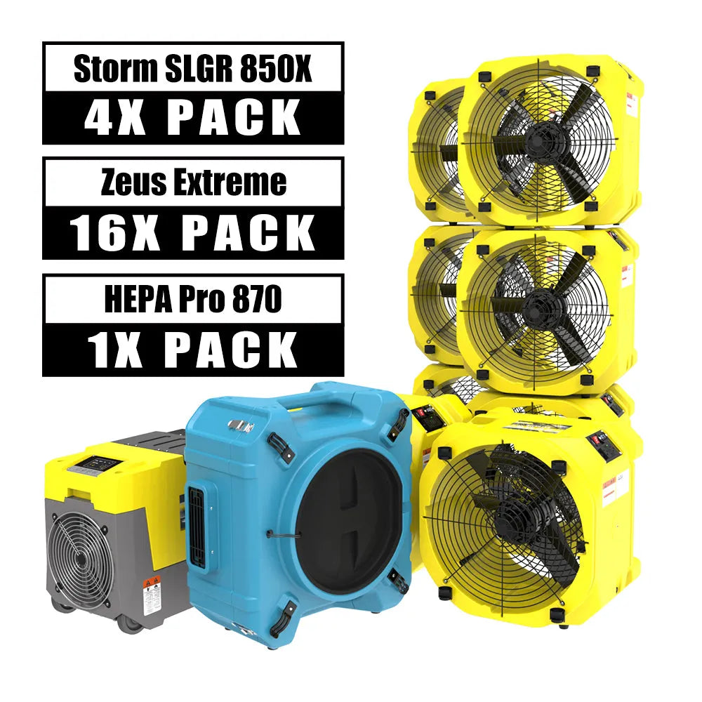 Alorair Water Damage Restoration Combo Pack, 4 X Storm SLGR 850X Commercial Dehumidifier, 16 X Zeus Extreme Air Mover, 1 X HEPA Pro 870 Scrubber