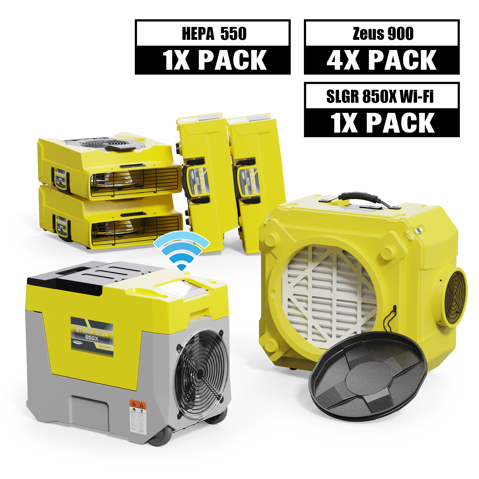 Alorair Mold Prevention Combo Pack, 1 X Storm SLGR 850X Wi-Fi Commercial Dehumidifier, 4 X Zeus 900 Air Mover, 1 X CleanShield HEPA 550 Air Scrubber
