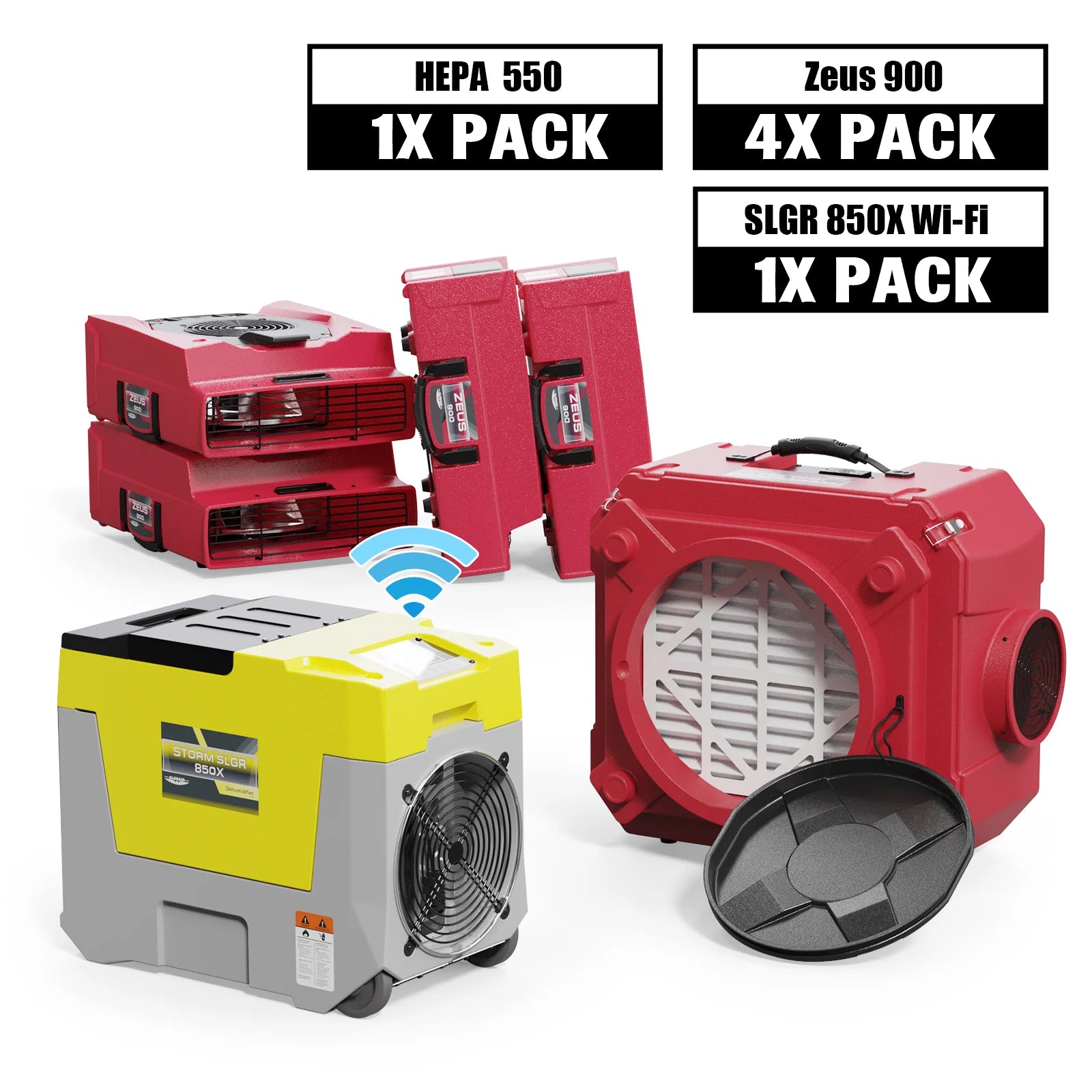 Alorair Mold Prevention Combo Pack, 1 X Storm SLGR 850X Wi-Fi Commercial Dehumidifier, 4 X Zeus 900 Air Mover, 1 X CleanShield HEPA 550 Air Scrubber
