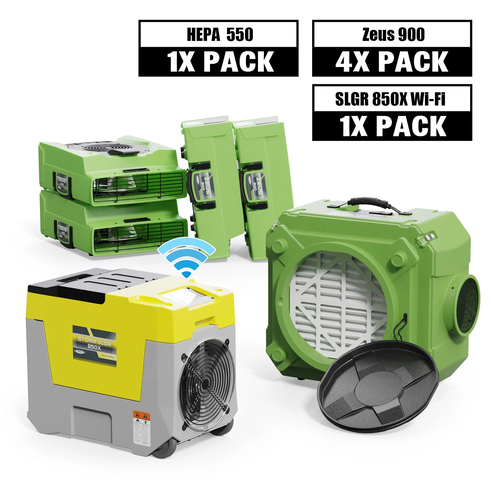 Alorair Mold Prevention Combo Pack, 1 X Storm SLGR 850X Wi-Fi Commercial Dehumidifier, 4 X Zeus 900 Air Mover, 1 X CleanShield HEPA 550 Air Scrubber
