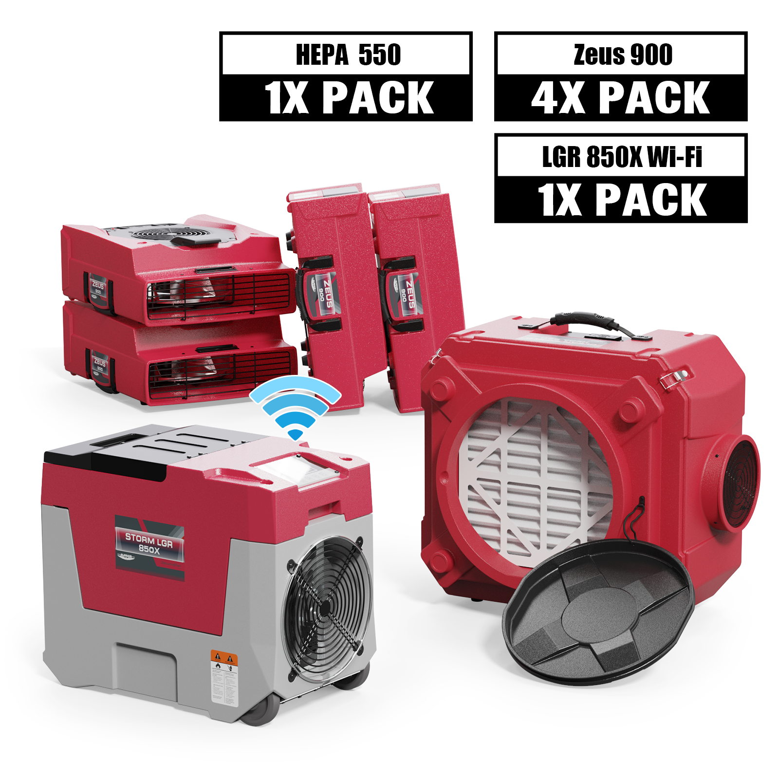 Alorair Mold Prevention Combo Pack, 1 X Storm LGR 850X Wi-Fi Commercial Dehumidifier, 4 X Zeus 900 Air Mover, 1 X CleanShield HEPA 550 Air Scrubber