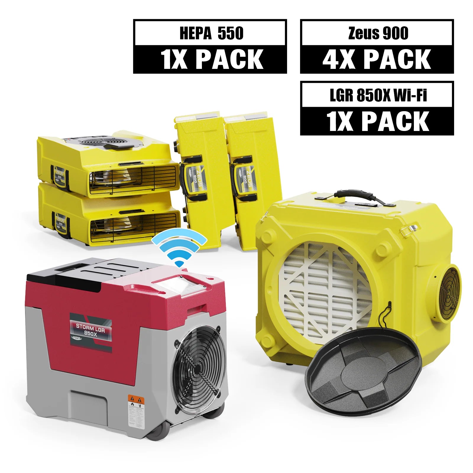 Alorair Mold Prevention Combo Pack, 1 X Storm LGR 850X Wi-Fi Commercial Dehumidifier, 4 X Zeus 900 Air Mover, 1 X CleanShield HEPA 550 Air Scrubber