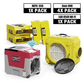 Alorair Mold Prevention Combo Pack, 1 X Storm LGR 850X Wi-Fi Commercial Dehumidifier, 4 X Zeus 900 Air Mover, 1 X CleanShield HEPA 550 Air Scrubber