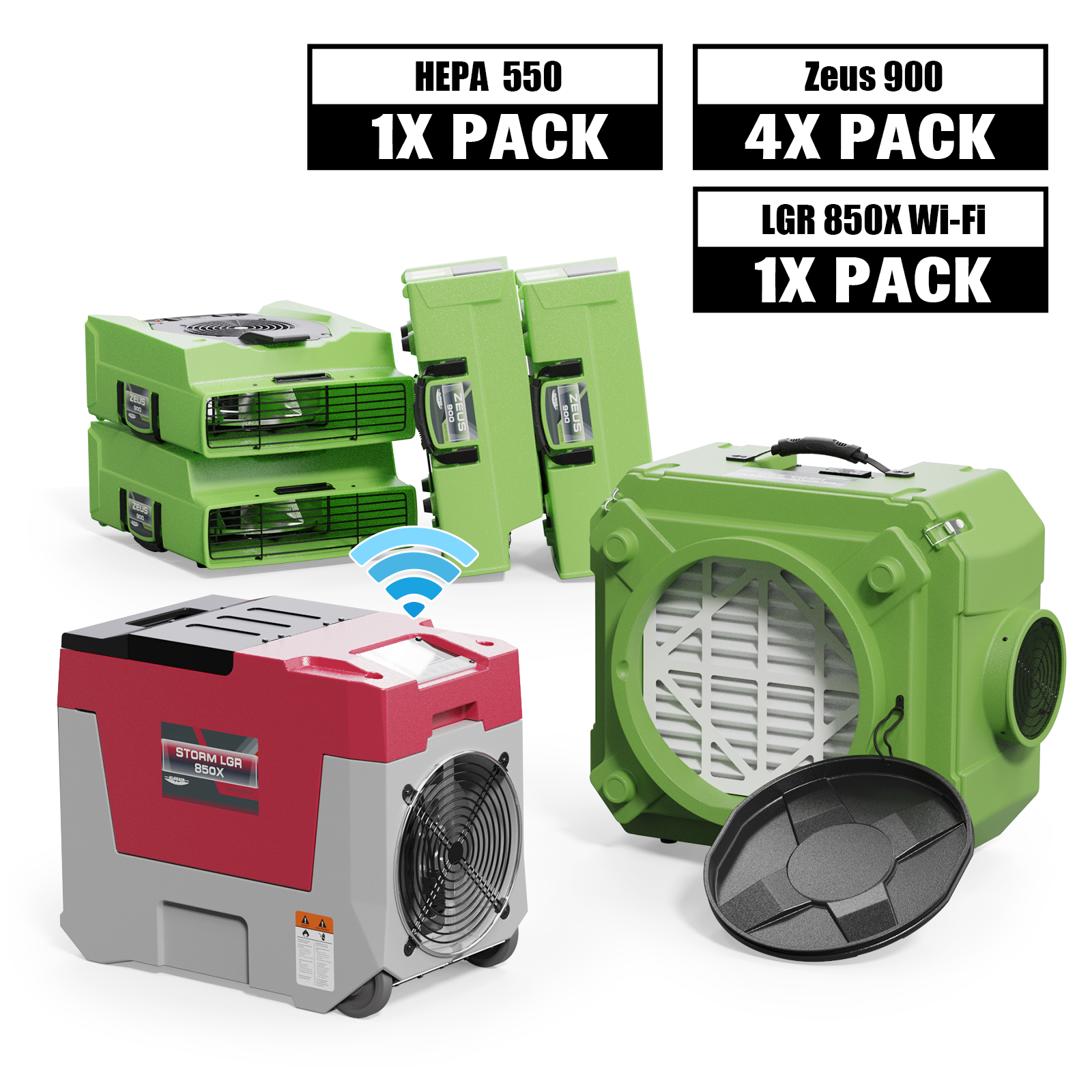Alorair Mold Prevention Combo Pack, 1 X Storm LGR 850X Wi-Fi Commercial Dehumidifier, 4 X Zeus 900 Air Mover, 1 X CleanShield HEPA 550 Air Scrubber