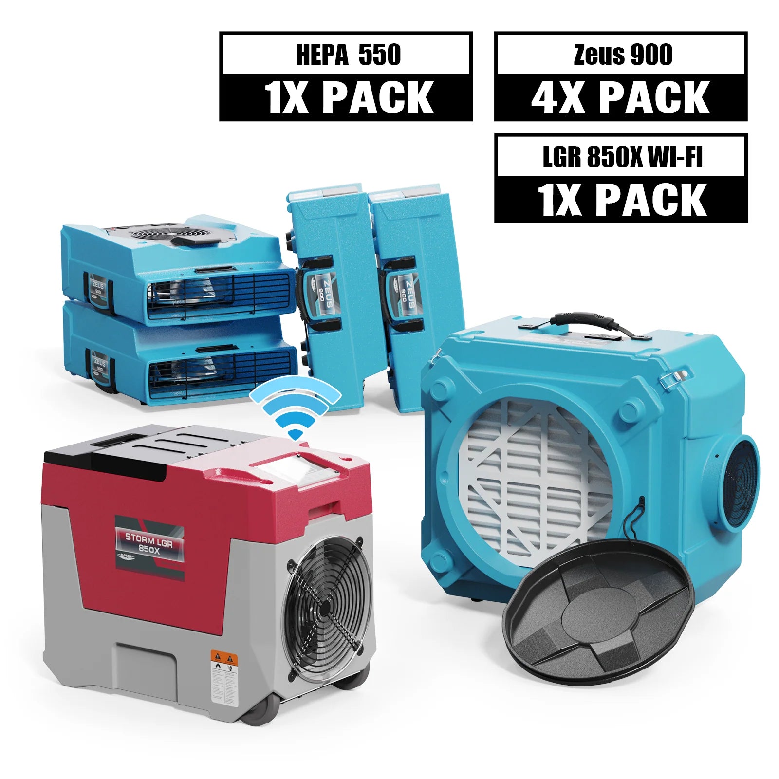 Alorair Mold Prevention Combo Pack, 1 X Storm LGR 850X Wi-Fi Commercial Dehumidifier, 4 X Zeus 900 Air Mover, 1 X CleanShield HEPA 550 Air Scrubber