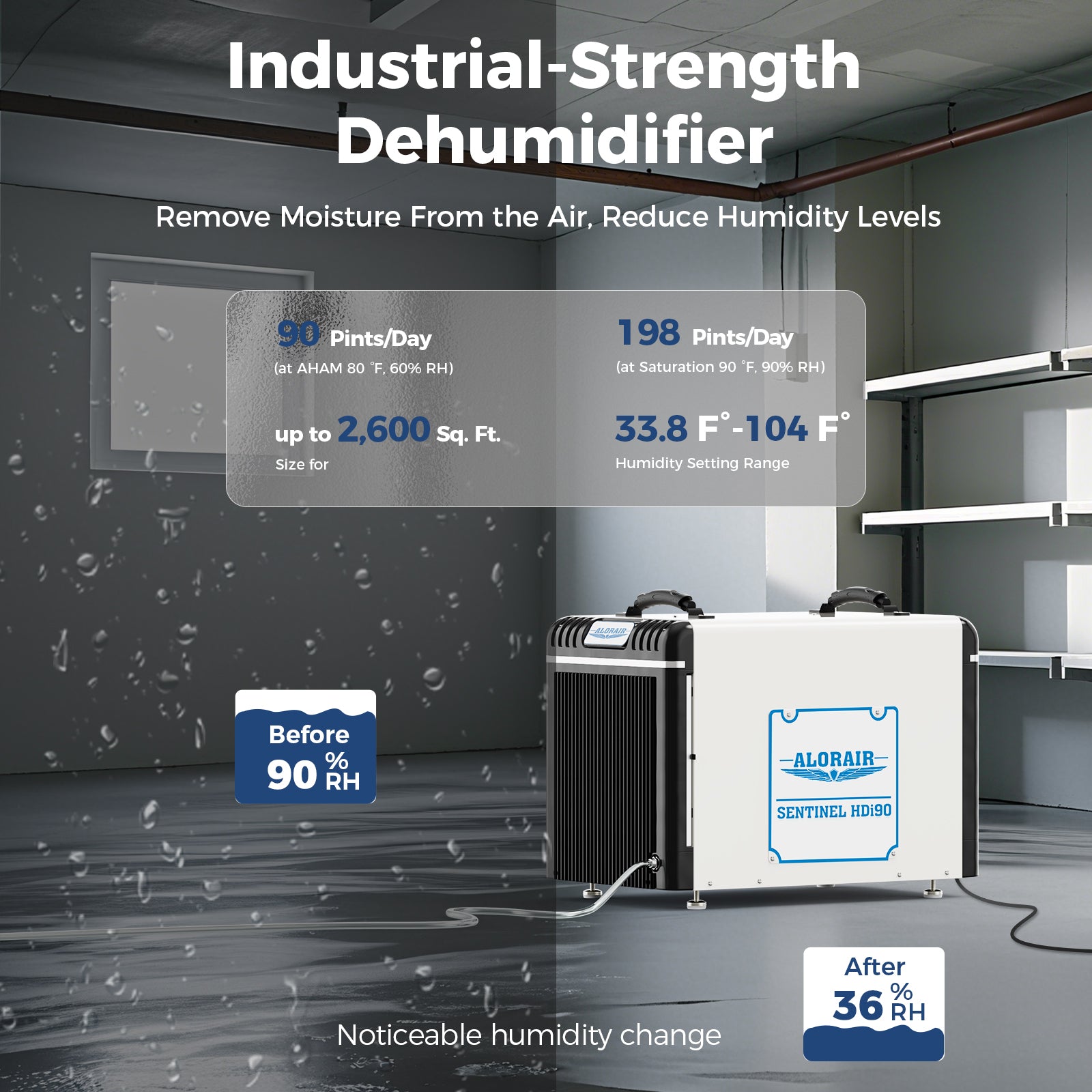 AlorAir WiFi 198 PPD Crawl Space Dehumidifier with Condensate Pump | Sentinel HDi90 Wifi | Size for 2600 sq.ft