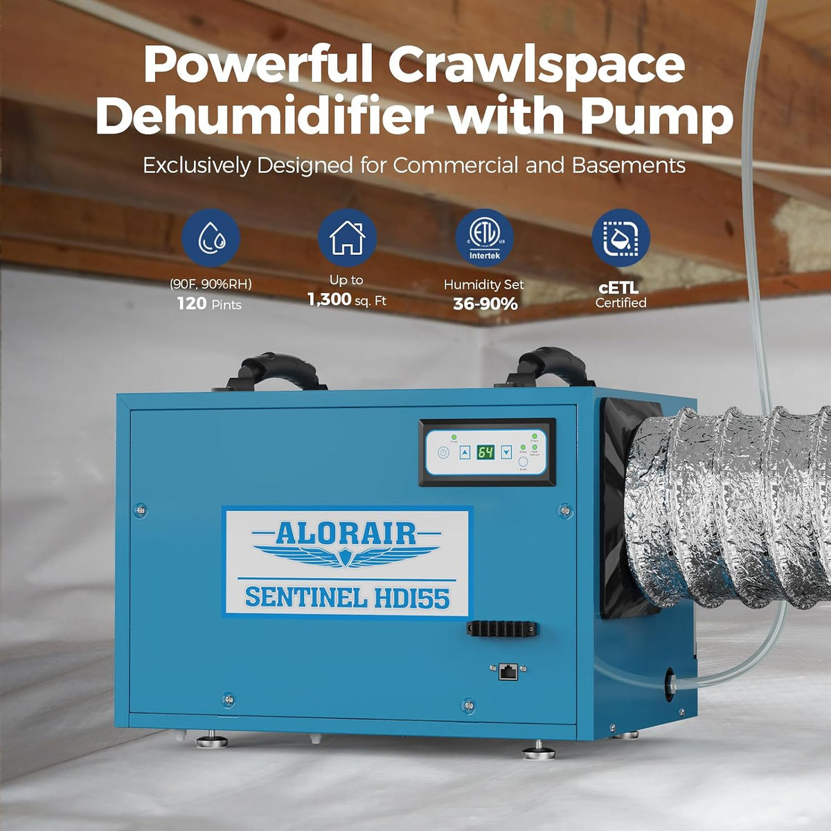 AlorAir 120 PPD Crawl Space Dehumidifiers with Pump, Auto Defrost, cETL | Sentinel HDi55 (Blue)
