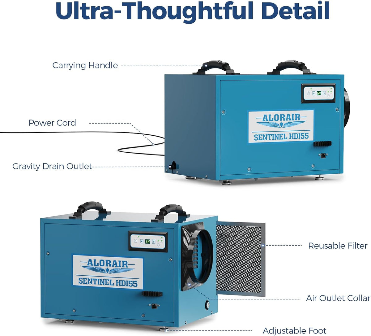 AlorAir 120 PPD Crawl Space Dehumidifiers with Pump, Auto Defrost, cETL | Sentinel HDi55 (Blue)