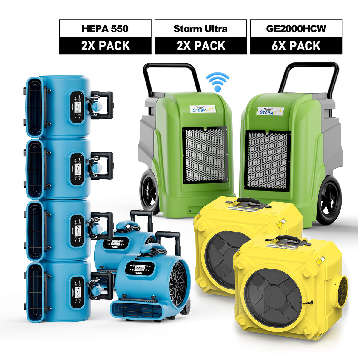 AlorAir Water Damage Restoration Combo Pack, 2 X Storm Ultra Dehumidifier, 6 X GE2000HCW Air Mover, 2 X HEPA 550 Air Scrubber