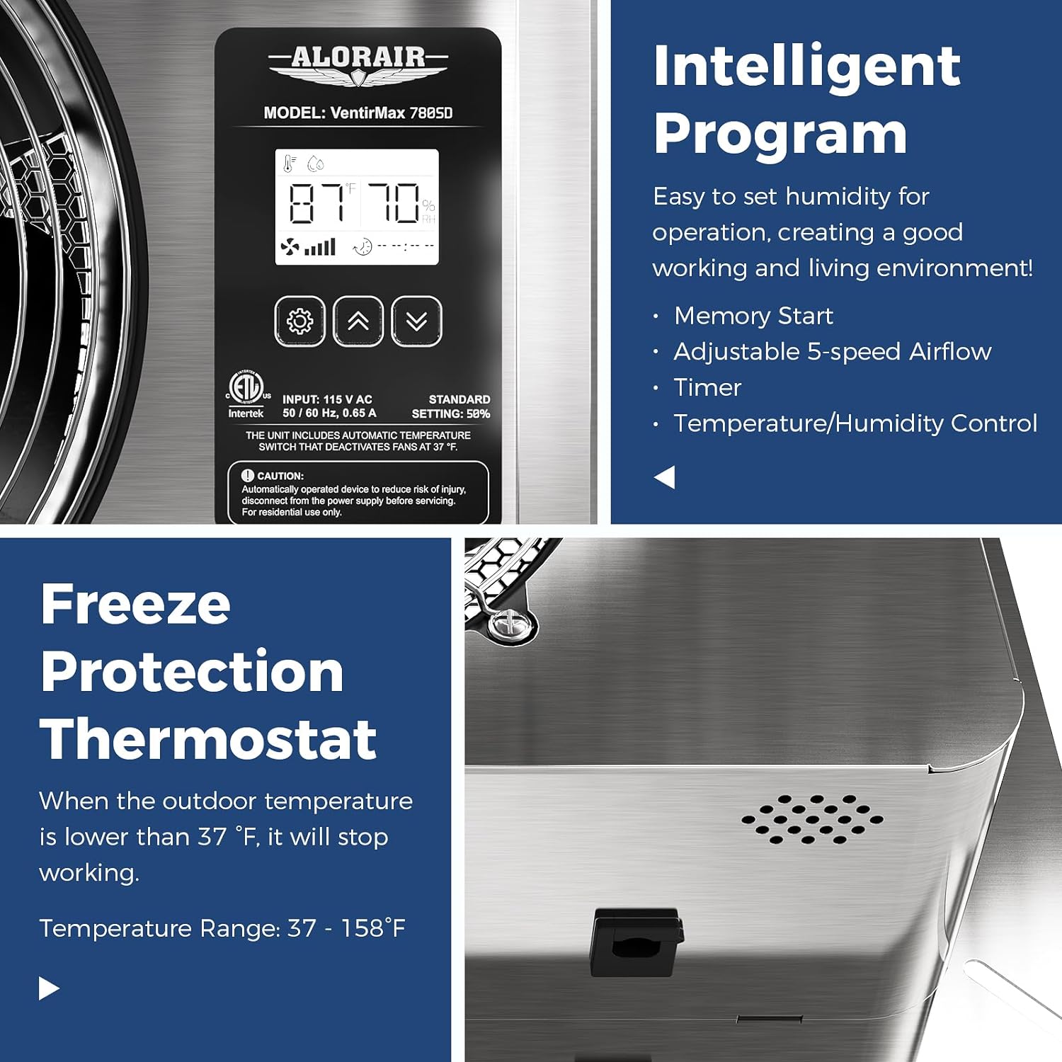 AlorAir® 780 CFM Crawl Space Ventilator Fan, IP55 Rated Exhaust Fan with Temperature Humidity Controller | VentirMax 780SD