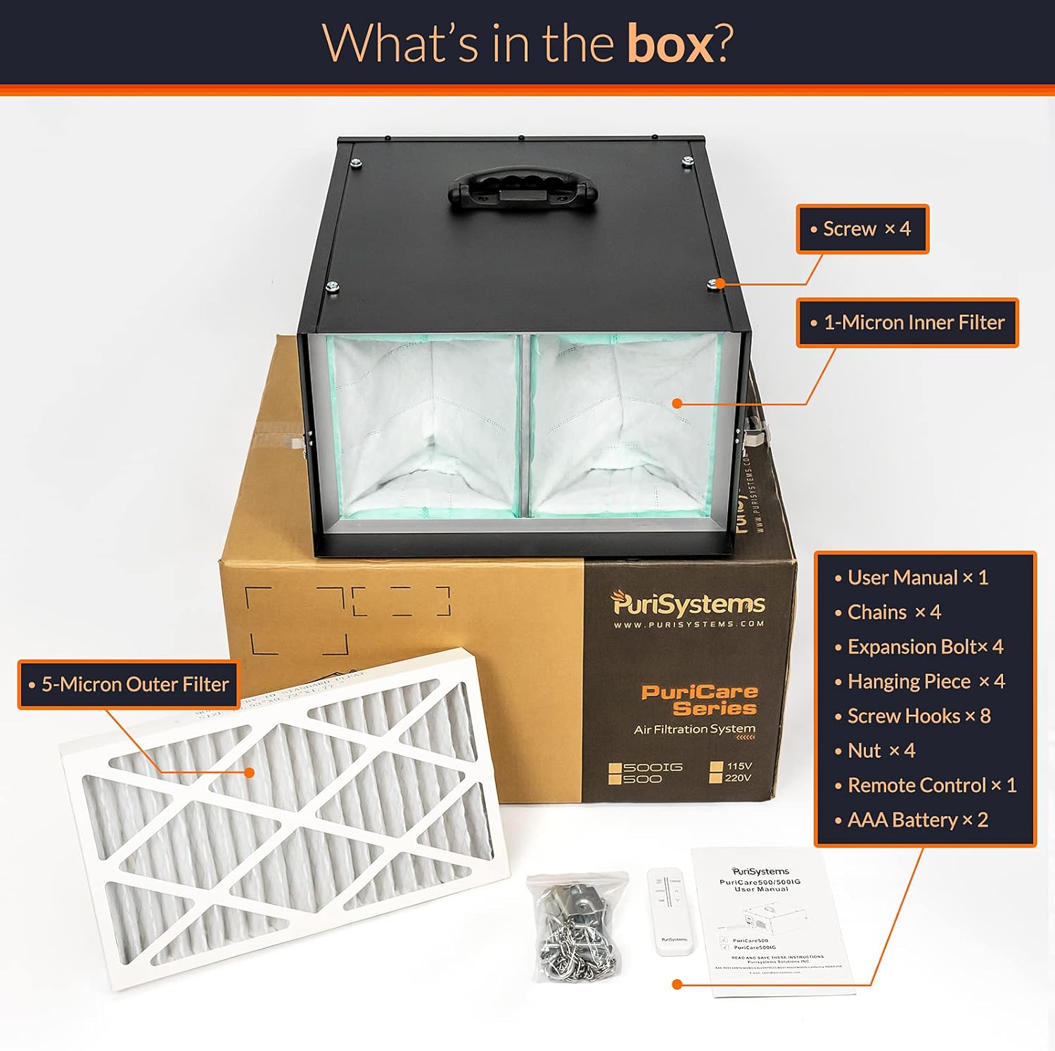 Purisystems Air Filtration System 3-Speed Remote, Built-in Ionizer, Hanging Air Filter w/RF Remote, up to 500 sq. ft