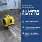 AlorAir®  (2024 New) 600 CFM Air Mover Blower Fan with 3 Speeds, 5 Adjustable Angles and Daisy Chain | GF600A Yellow