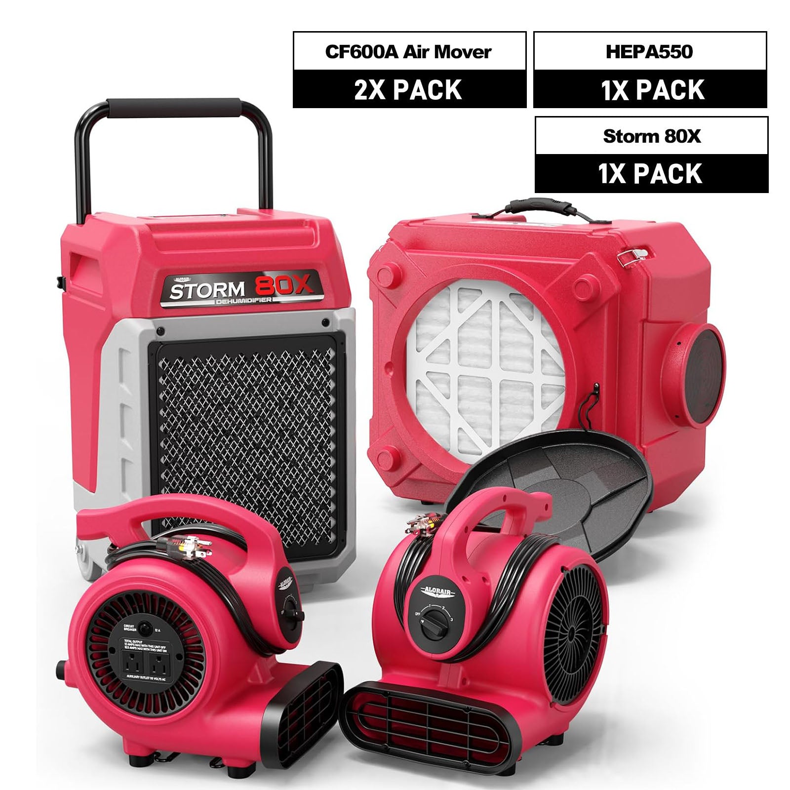 Alorair Water Damage Restoration Equipment, Storm 80X Commercial Dehumidifier*1, HEPA 550 Air Scrubber*1, GF600 Air Movers*2