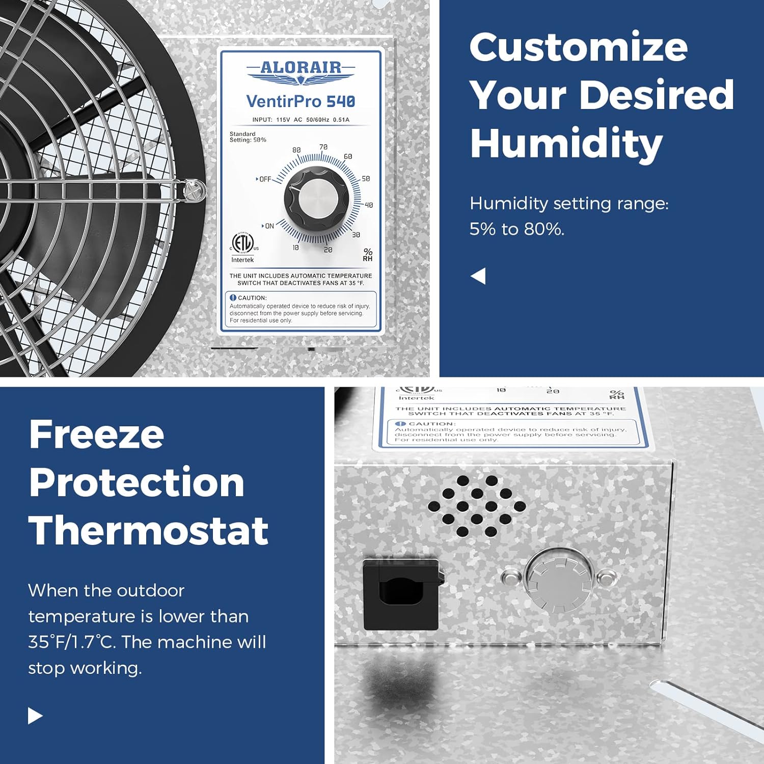 ALORAIR 540 CFM IP-55 Grade Crawlspace Ventilation Fans, 8.7 inches with Humidistat & Thermostat | VentirPro 540