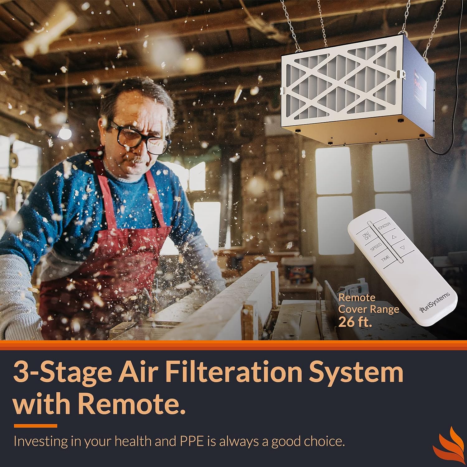 Purisystems Air Filtration System 3-Speed Remote, Built-in Ionizer, Hanging Air Filter w/RF Remote, up to 500 sq. ft
