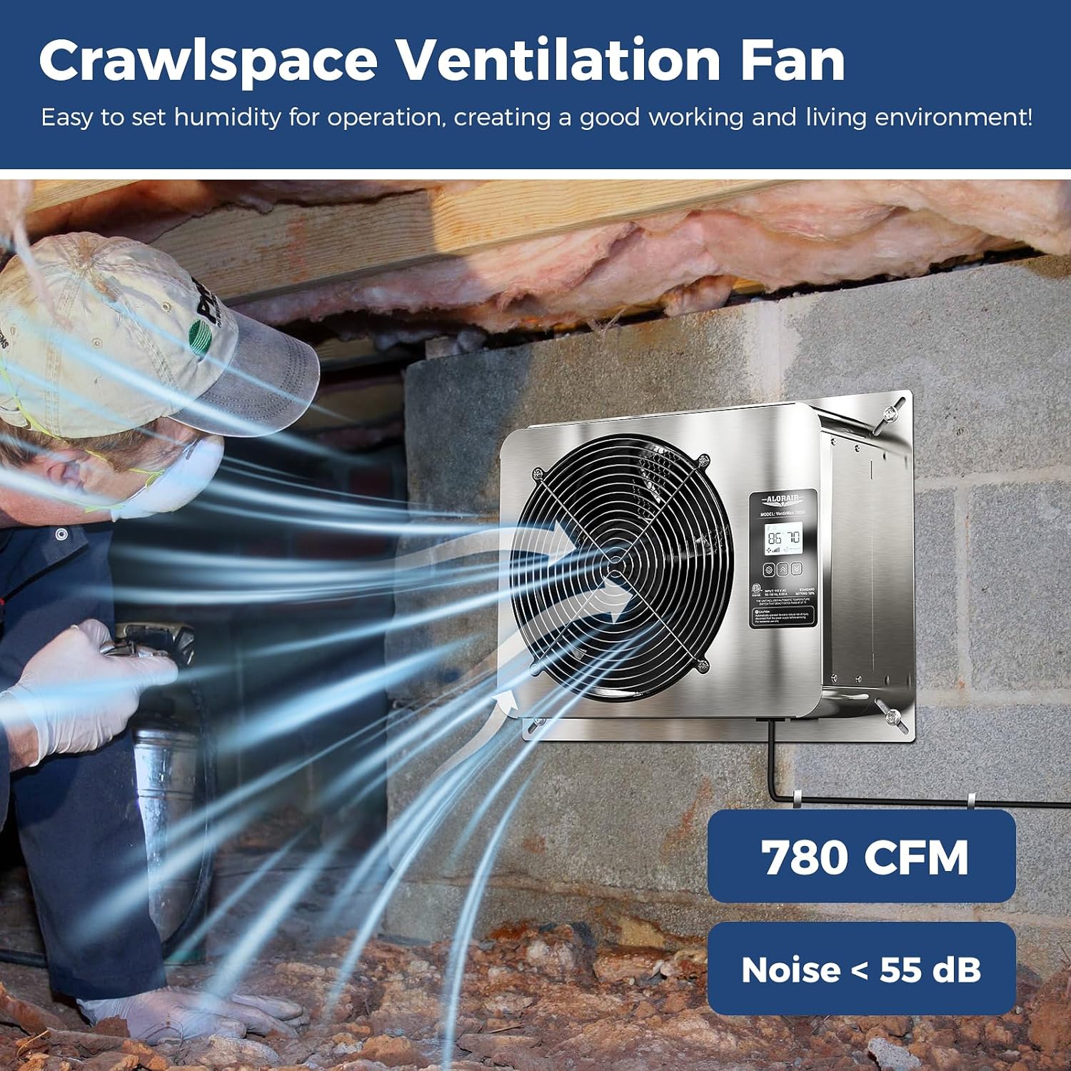 AlorAir® 780 CFM Crawl Space Ventilator Fan, IP55 Rated Exhaust Fan with Temperature Humidity Controller | VentirMax 780SD